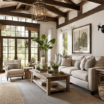 An image showcasing a spacious, light-filled living room adorned with a mix of rustic elements and contemporary accents