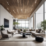 An image showcasing a sleek, open-plan living area with clean lines, minimalist furniture, and large windows flooding the space with natural light