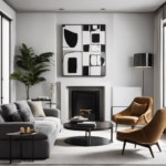 An image showcasing a sleek, minimalist living room with a monochromatic color scheme, featuring clean lines, a statement mid-century modern chair, and a large abstract art piece adorning the wall