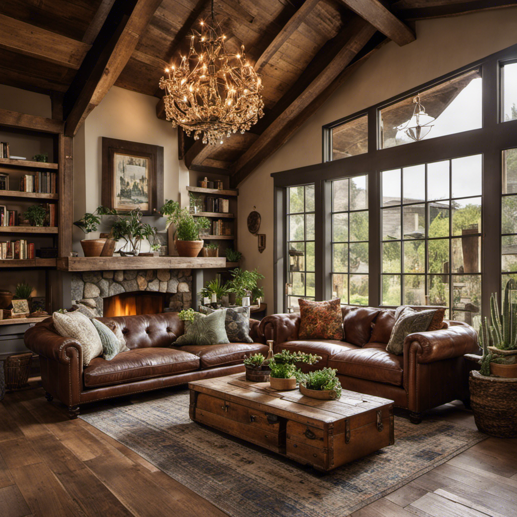 An image showcasing a cozy living room with exposed wooden beams, a distressed leather sofa, a vintage-inspired chandelier, and a reclaimed wood coffee table adorned with succulents and weathered books