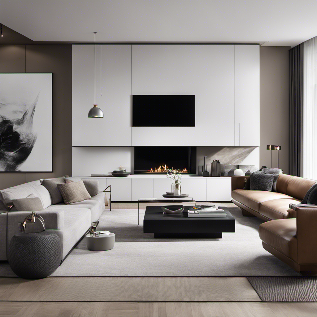 An image showcasing a sleek, minimalist living room with clean lines, neutral color palette, and a mix of materials like glass, metal, and leather