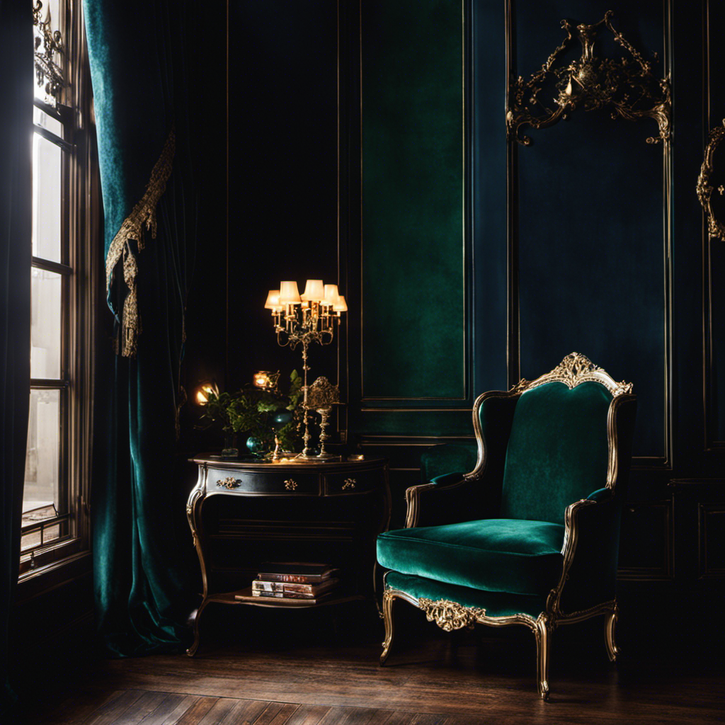 An image showcasing a dimly lit room with deep, rich hues like midnight blue and emerald green