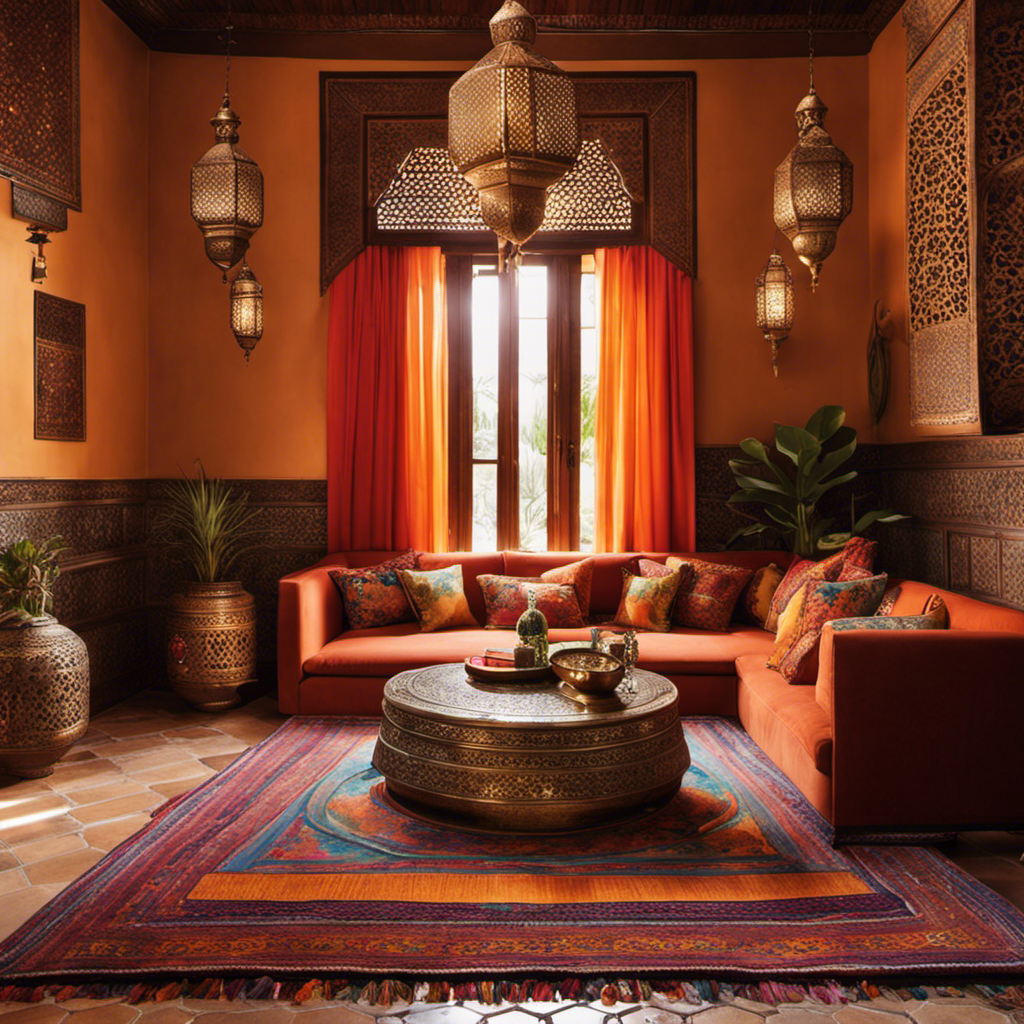 An image showcasing a vibrant Moroccan-style living room, adorned with intricately patterned tile floors, plush cushions in warm earth tones, ornate metal lanterns casting a warm glow, and a colorful tapestry draped over a carved wooden screen