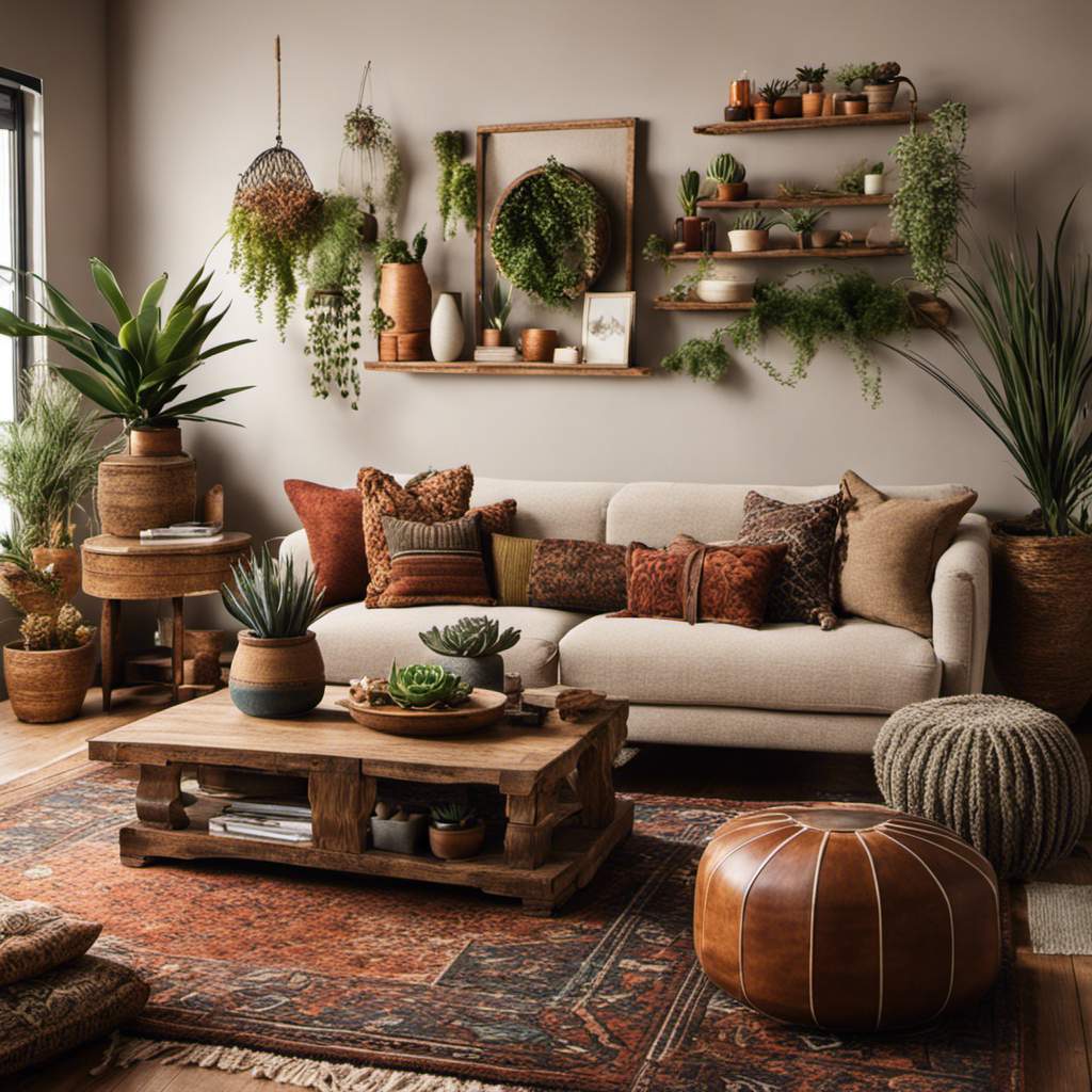 An image showcasing a cozy living room with warm, earthy tones, a plush sofa adorned with textured throw pillows, a rustic wooden coffee table, and an array of succulents scattered on a bohemian rug