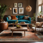 An image showcasing a cozy living room with a mix of vintage and modern furniture, vibrant earthy tones, textured rugs, and botanical accents, reflecting a harmonious blend of rustic and contemporary decor styles