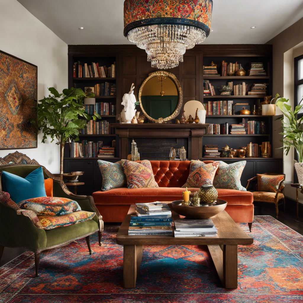 An image showcasing a cozy living room with a rustic wooden coffee table adorned with a colorful, intricately patterned rug