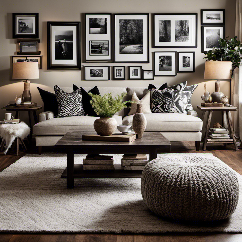 An image showcasing a cozy living room with a neutral color palette, plush textured rugs, a rustic wooden coffee table, and a gallery wall adorned with black and white photographs in mismatched frames
