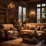 An image capturing a cozy living room filled with rustic wooden furniture, vintage floral patterns on plush cushions, and soft, warm lighting casting a gentle glow on a stack of well-worn books