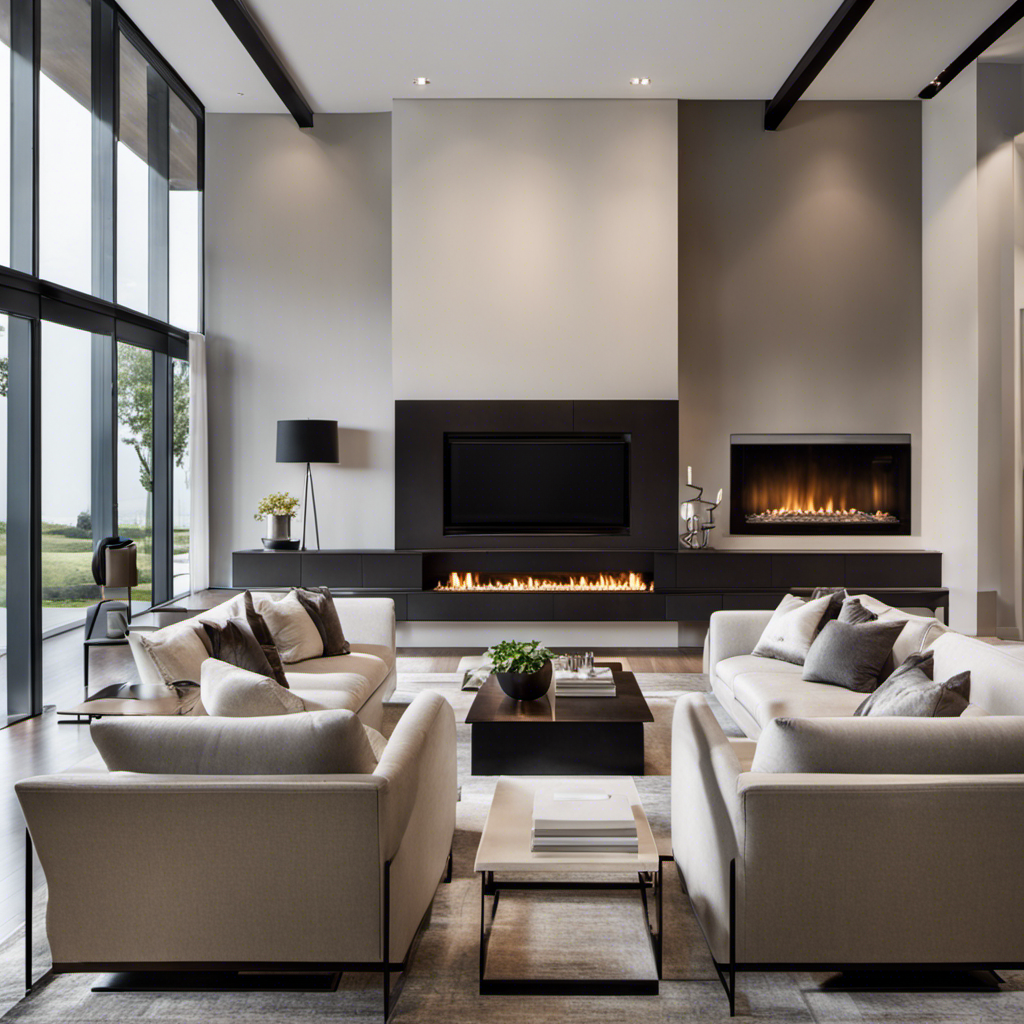An image showcasing a modern living room with clean lines, neutral color palette, and minimalist furniture
