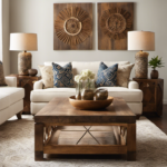 An image that showcases a cozy living room with a rustic wooden coffee table adorned with earthy-toned ceramic vases, complemented by a plush cream-colored sofa, and an eclectic mix of throw pillows featuring geometric patterns and nature-inspired motifs