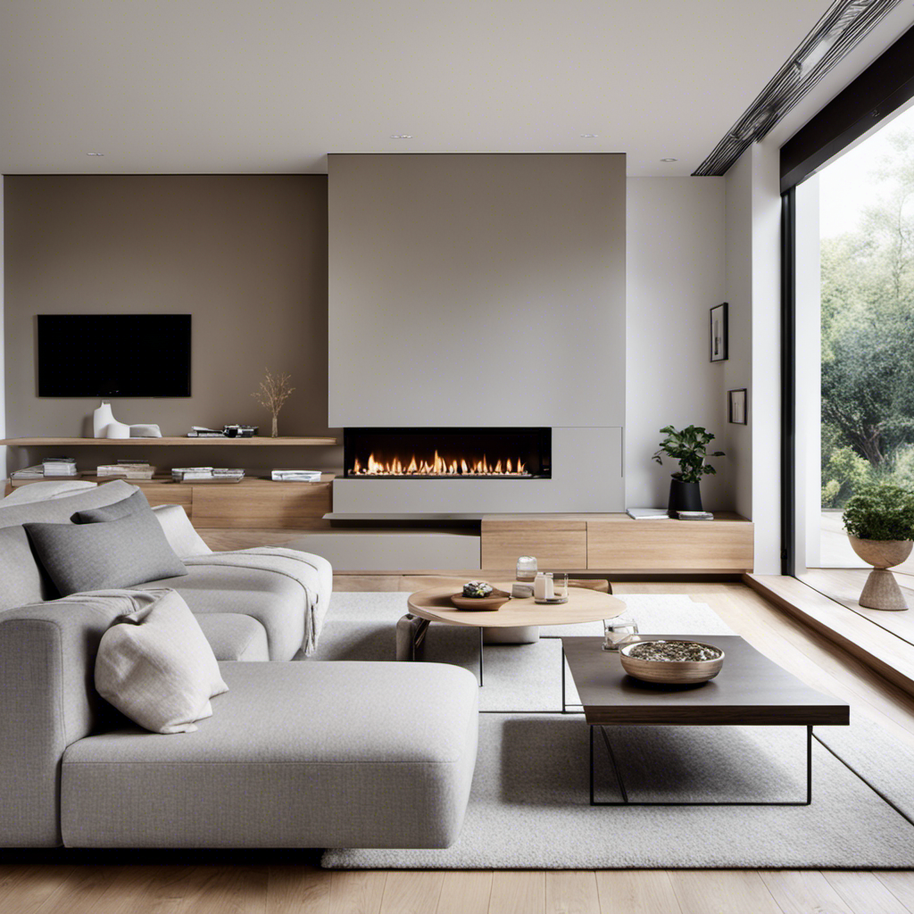 An image showcasing a minimalist and airy living space with clean lines, neutral colors, and natural materials like light wood and cozy textiles