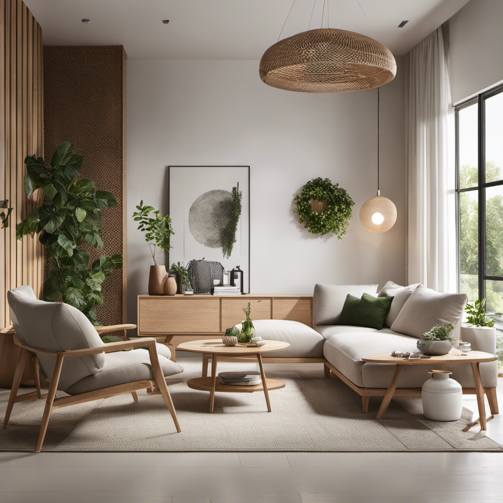 An image showcasing a serene living room bathed in natural light, adorned with minimalist furniture featuring clean lines, light-colored wooden accents, cozy textured throws, and touches of greenery, capturing the essence of Nordic style decor