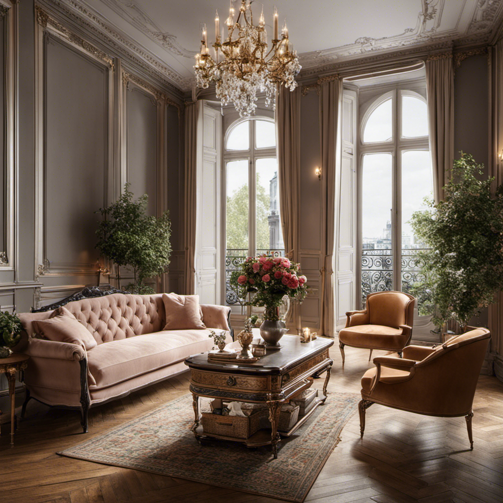 An image of a cozy Parisian apartment with ornate moldings, herringbone parquet floors, an antique chandelier casting warm light on elegant velvet furniture, and a wrought iron balcony adorned with flower boxes overlooking a picturesque street