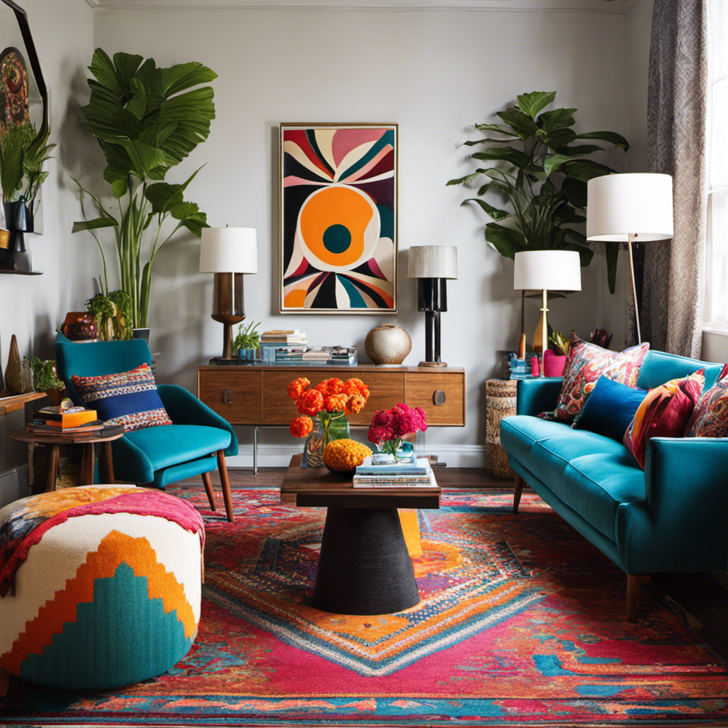 An image showcasing a vibrant living room, filled with mismatched patterns, bold colors, and eclectic furniture
