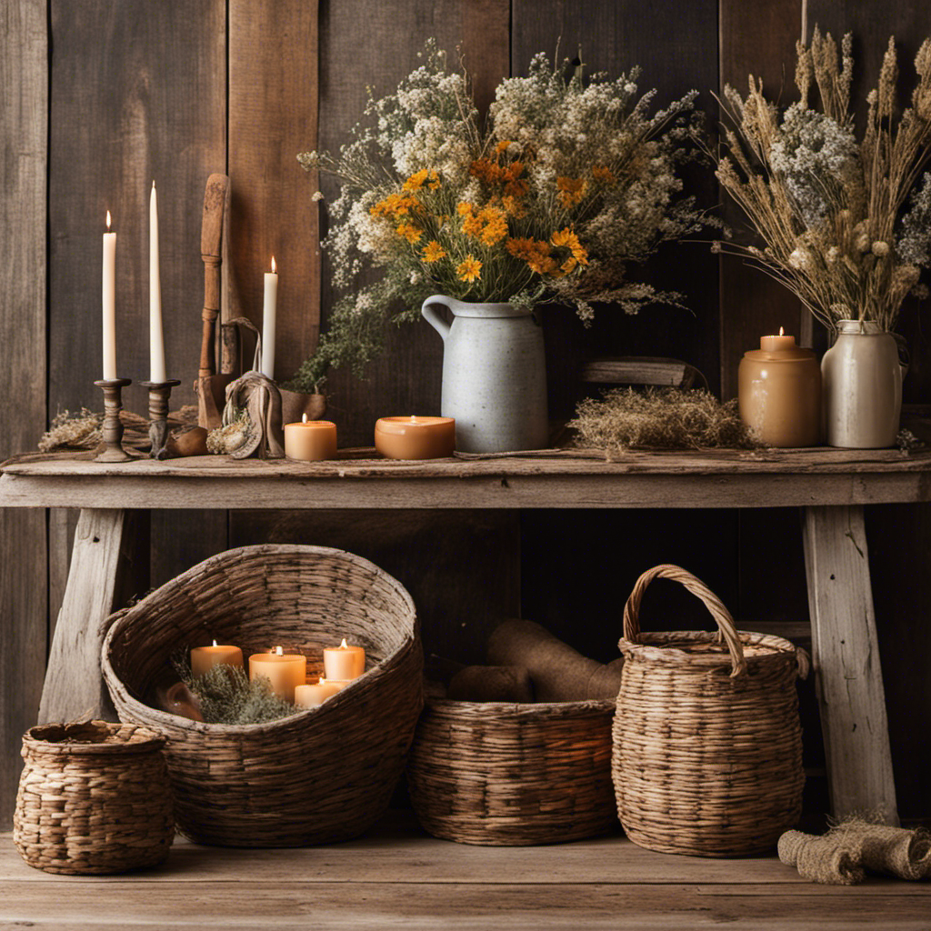 An image featuring a rustic wooden farmhouse table adorned with handcrafted pottery, vintage candle holders, and a woven basket filled with dried wildflowers