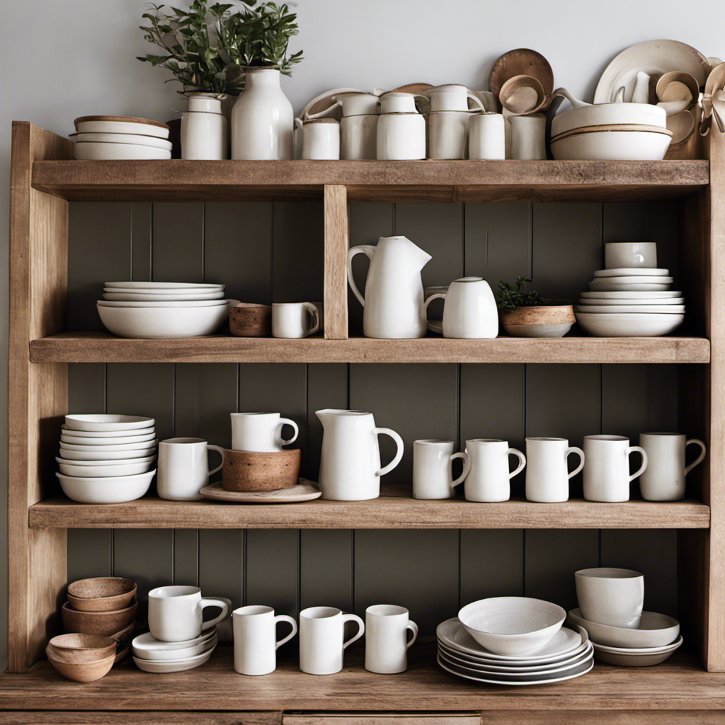 An image showcasing a minimalist kitchen shelf adorned with rustic Rae Dunn ceramic pieces; a collection of unique mugs, plates, and canisters, each displaying its characteristic handcrafted simplicity and charming imperfections