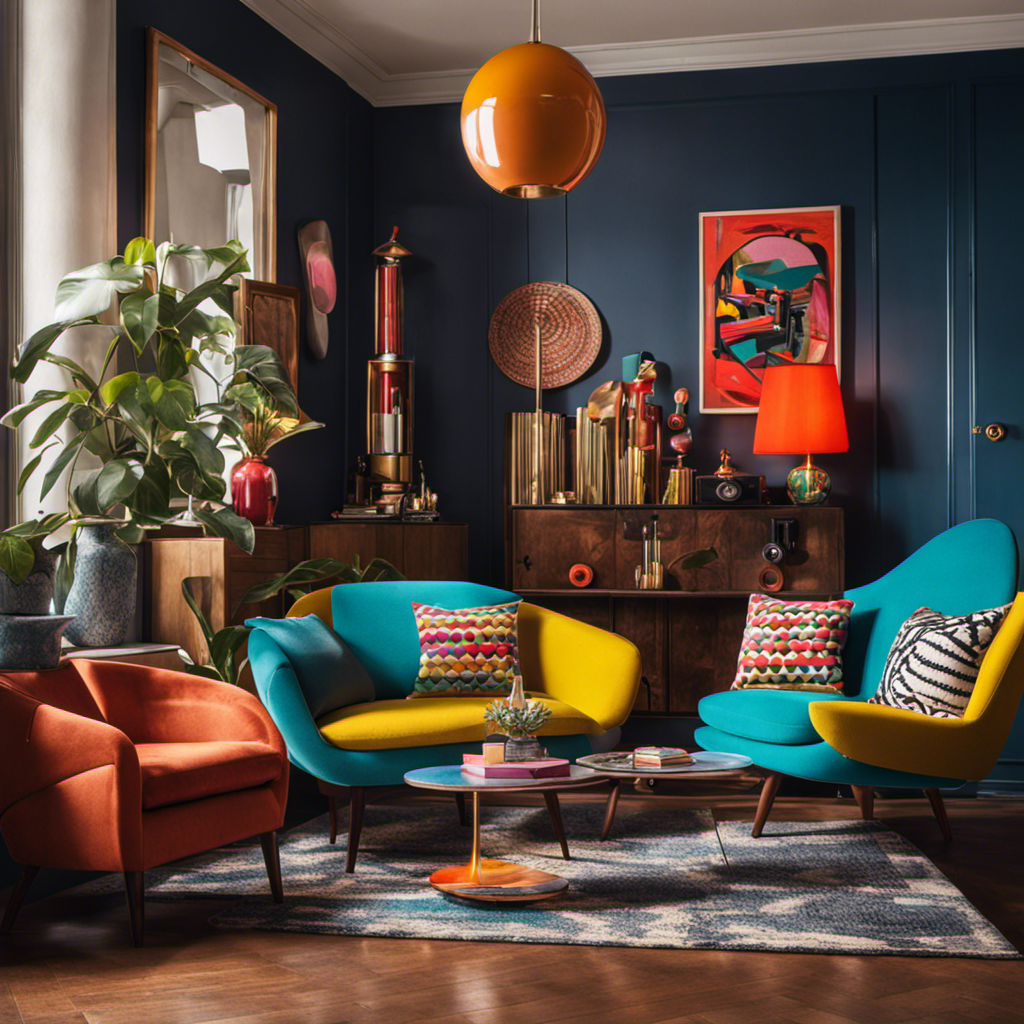 An image showcasing an eclectic living room with vibrant colors, geometric patterns, and bold furniture pieces