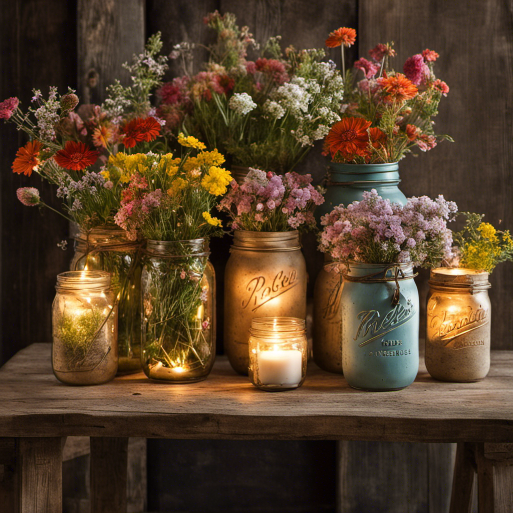 An image capturing the essence of rustic decor: A weathered, reclaimed wooden table adorned with vintage mason jars filled with wildflowers, casting a warm glow from the soft, flickering candlelight