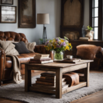 An image showcasing a cozy living room with a weathered wooden coffee table adorned with vintage books and a bouquet of wildflowers, complemented by a distressed leather armchair and a knitted throw blanket draped over it