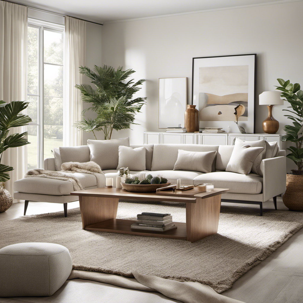 An image showcasing a serene living room adorned with minimalist furniture featuring clean lines, natural textures, and a neutral color palette