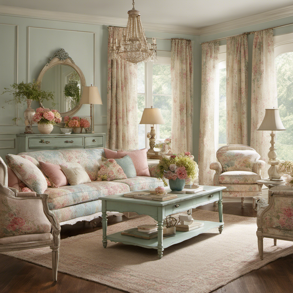 An image showcasing a charming, sunlit room with distressed, pastel-colored furniture