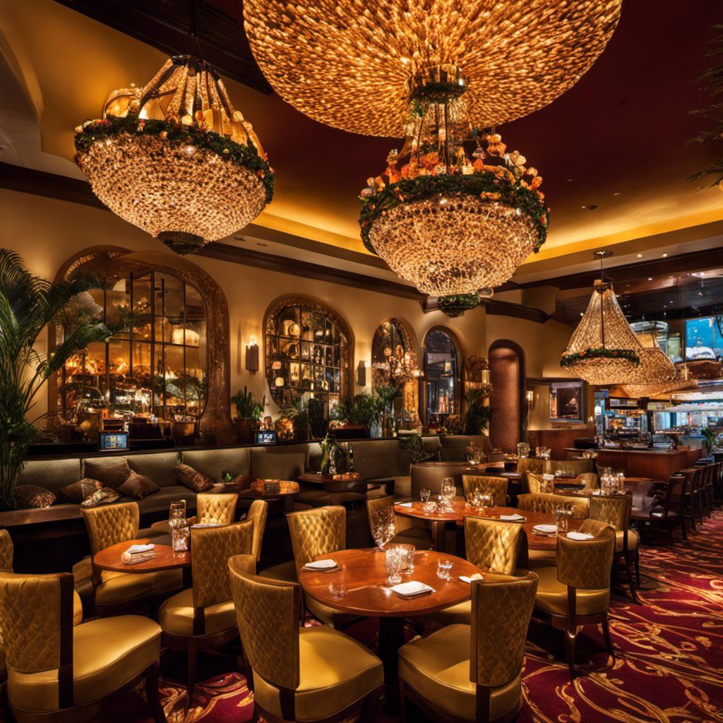 A visual feast: Capture the vibrant ambiance of The Cheesecake Factory's decor theme through an image that showcases the eclectic mix of ornate chandeliers, plush velvet seating, mosaic tiles, and whimsical art pieces
