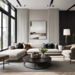 An image showcasing a minimalist living room with clean lines, neutral colors, and sleek furniture