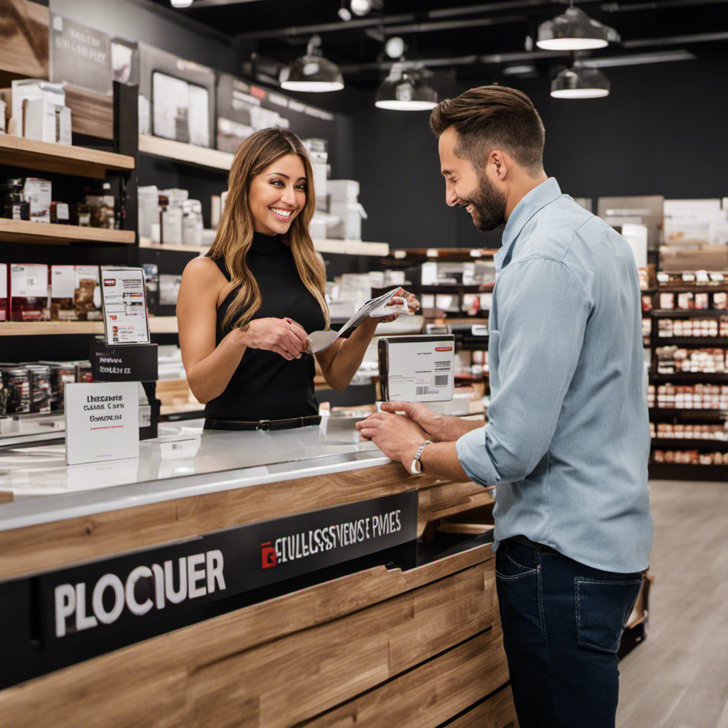 An image showcasing a customer happily exchanging a product at a Floor and Decor store counter