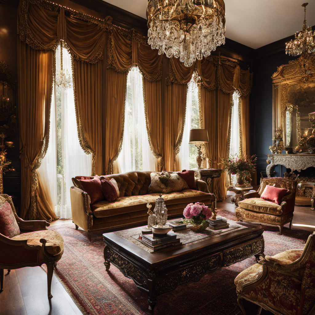 An image showcasing a cozy living room adorned with ornate wooden furniture, plush velvet sofas, and intricately patterned Persian rugs