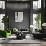 An image showcasing a modern living room with a minimalist aesthetic: sleek, clean lines; a monochrome color scheme with pops of vibrant green; a statement wall adorned with geometric patterns; and a large, floor-to-ceiling window allowing natural light to flood the space