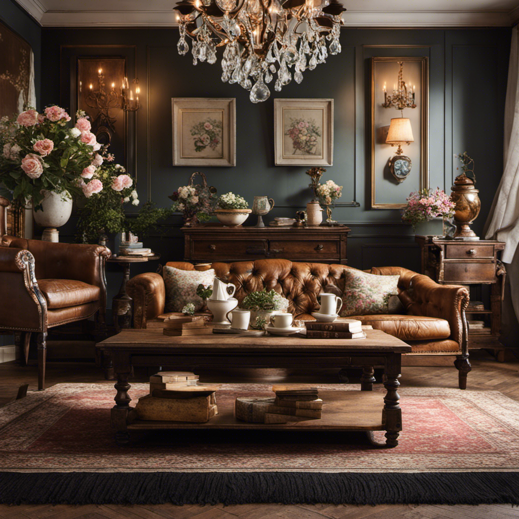 An image showcasing a cozy living room with an antique chandelier hanging above a distressed wooden coffee table adorned with vintage teacups, faded floral wallpaper, and a well-worn leather armchair