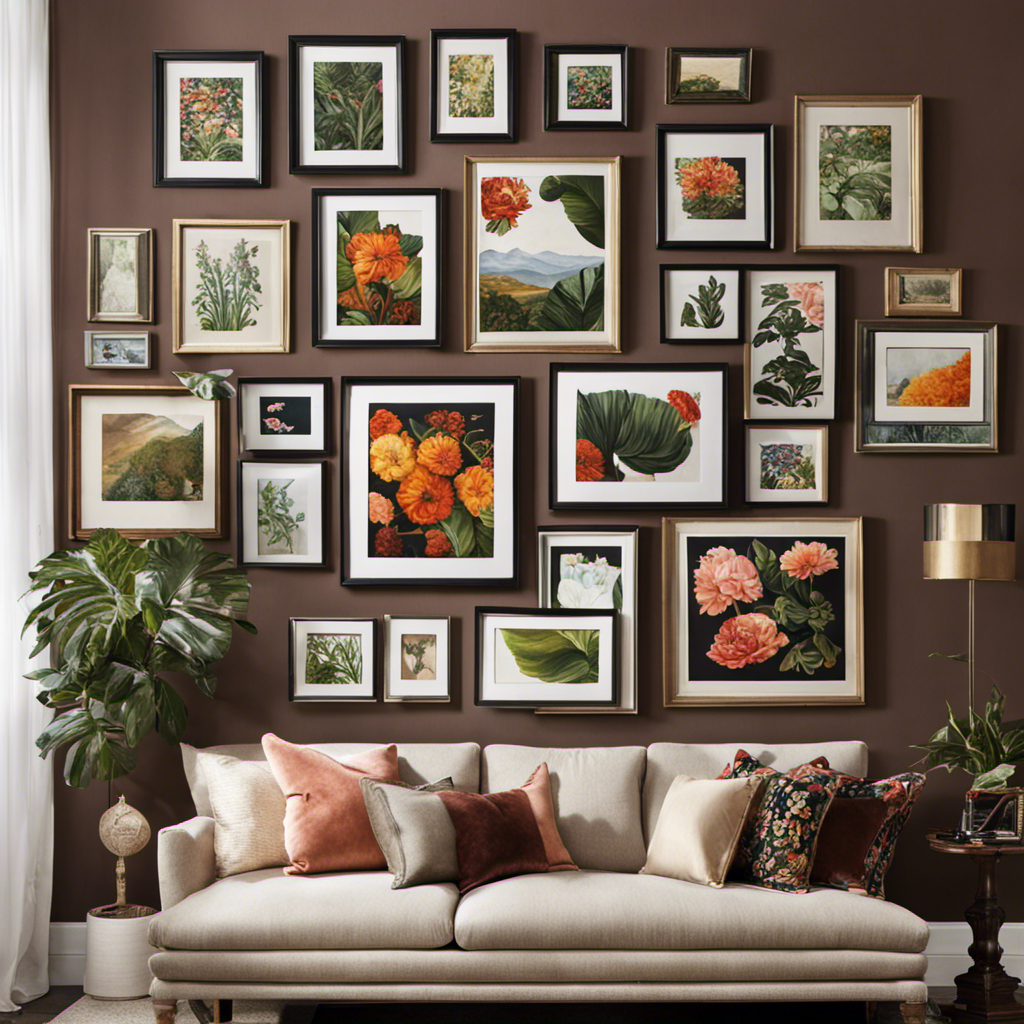 An image capturing a beautifully arranged gallery wall, showcasing an eclectic mix of framed photographs, paintings, and mirrors, complemented by vibrant tapestries and botanical prints, illustrating the diverse world of wall decor