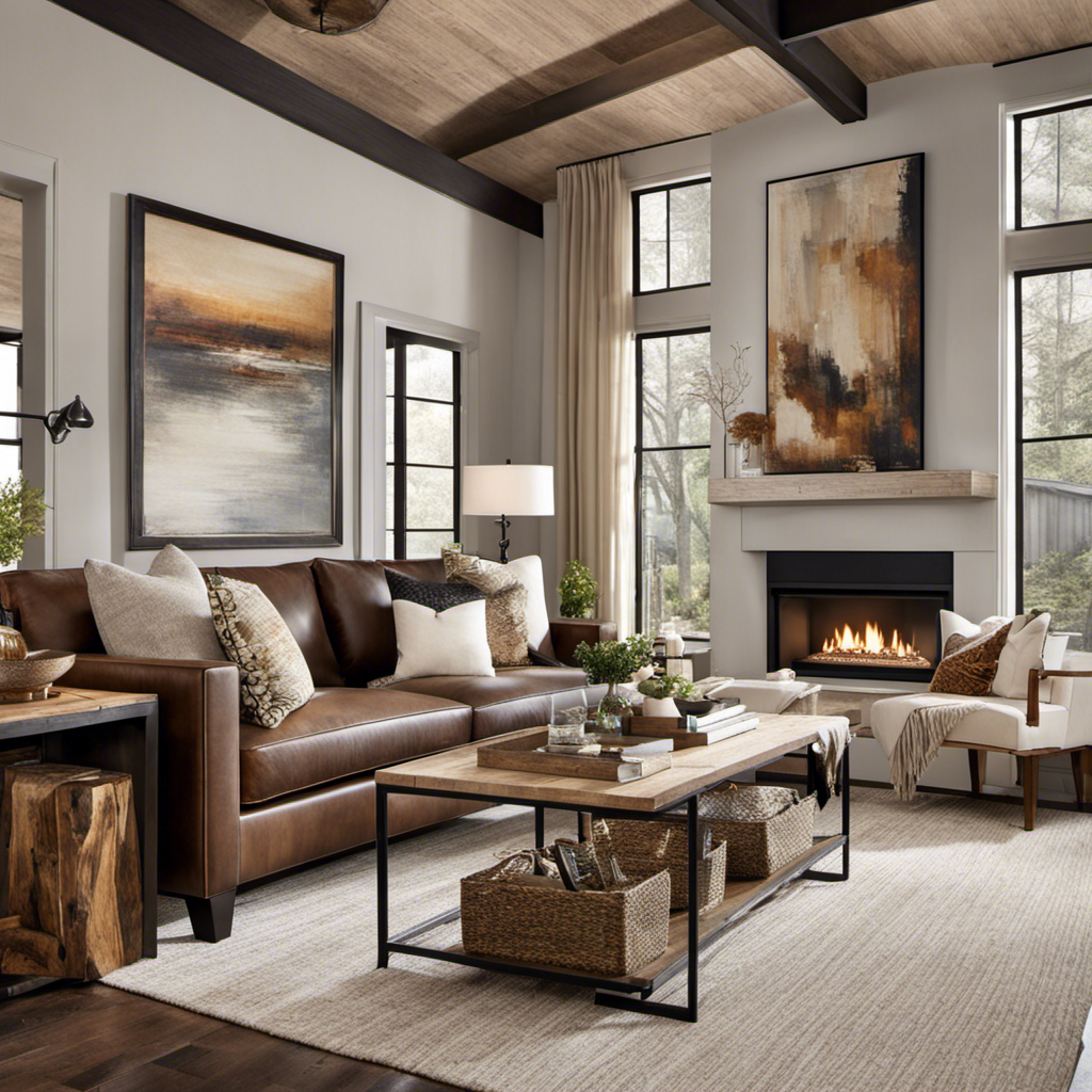 An image showcasing an inviting living room with a blend of modern and rustic elements