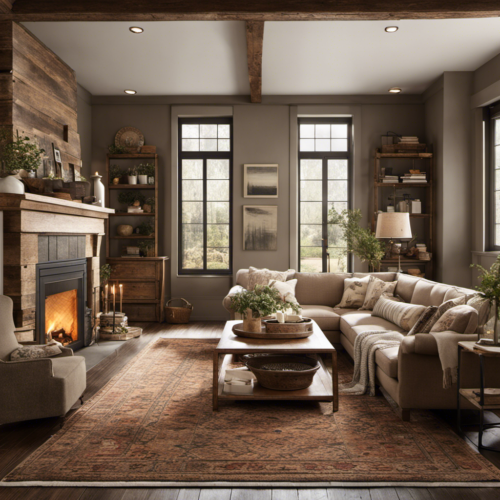 An image showcasing a cozy living room with a rustic farmhouse aesthetic