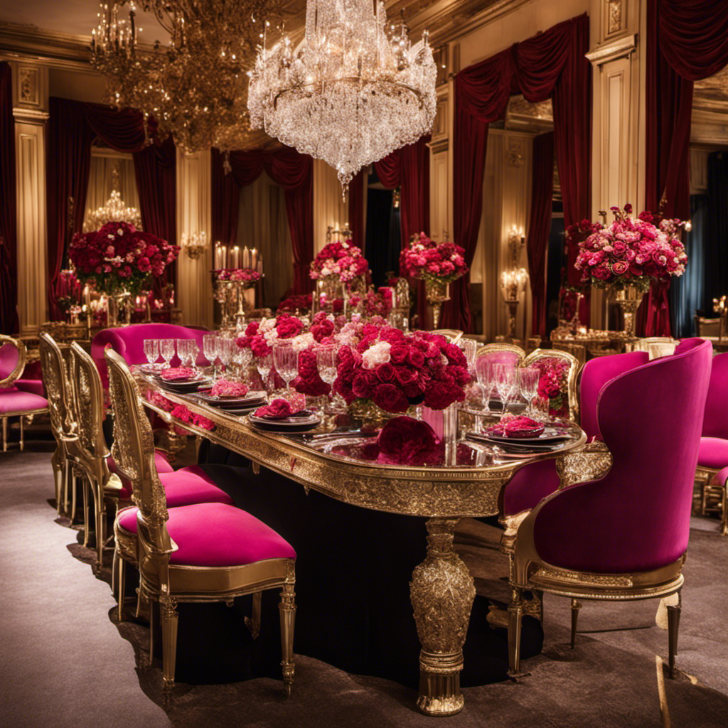 An image capturing the opulent grandeur of The Bachelor's decor, featuring a lavish rose-filled mansion boasting crystal chandeliers, plush velvet sofas, extravagant floral arrangements, and glistening mirrored surfaces that reflect a romantic ambiance