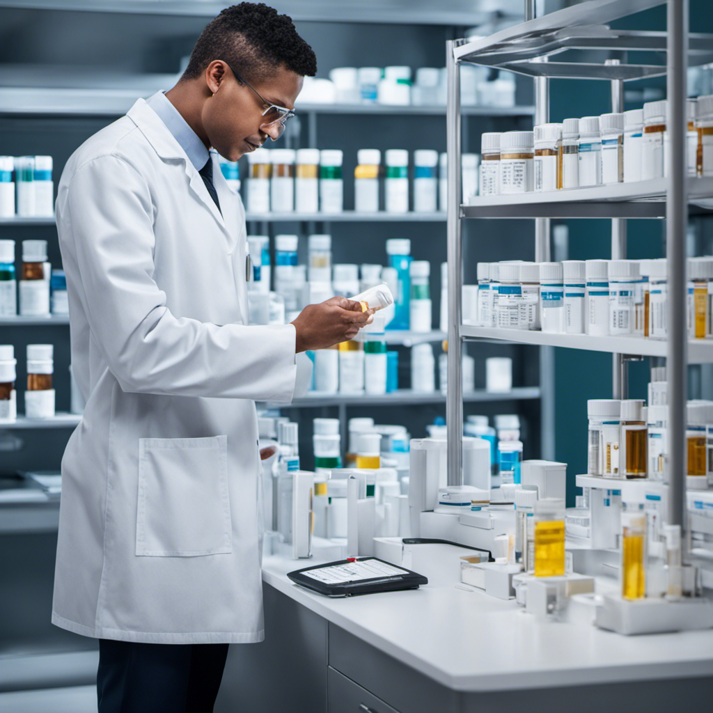 An image showcasing a modern laboratory setting with a technician wearing a white lab coat, administering a urine drug test to an employee, while a shelf displays labeled specimen cups and drug test kits