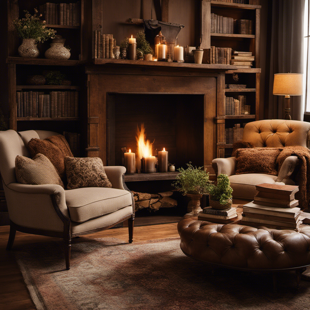 An image showcasing a cozy living room with warm earth tones, plush textured throw pillows, a crackling fireplace adorned with vintage candlesticks, and a rustic wooden coffee table displaying a stack of well-loved books