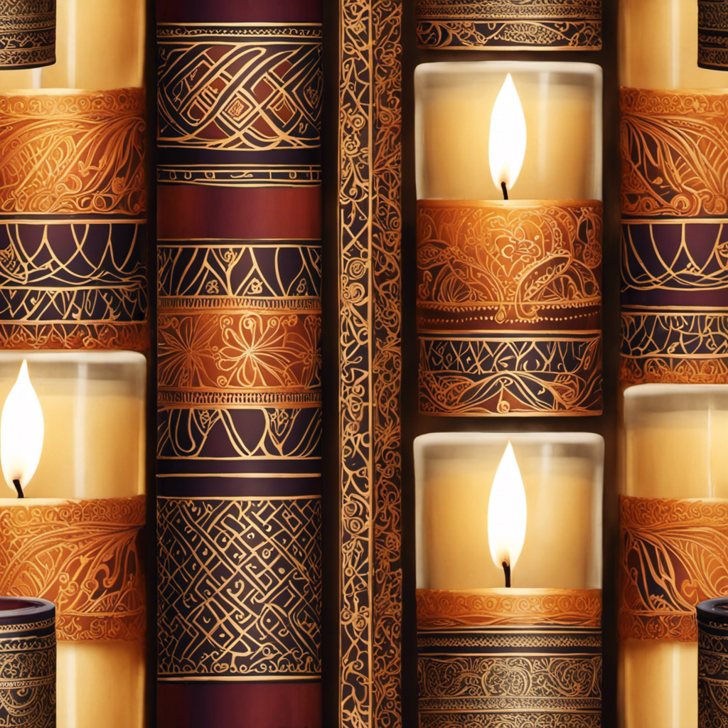 An image showcasing a pair of intricately designed candles adorned with vibrant henna decorations