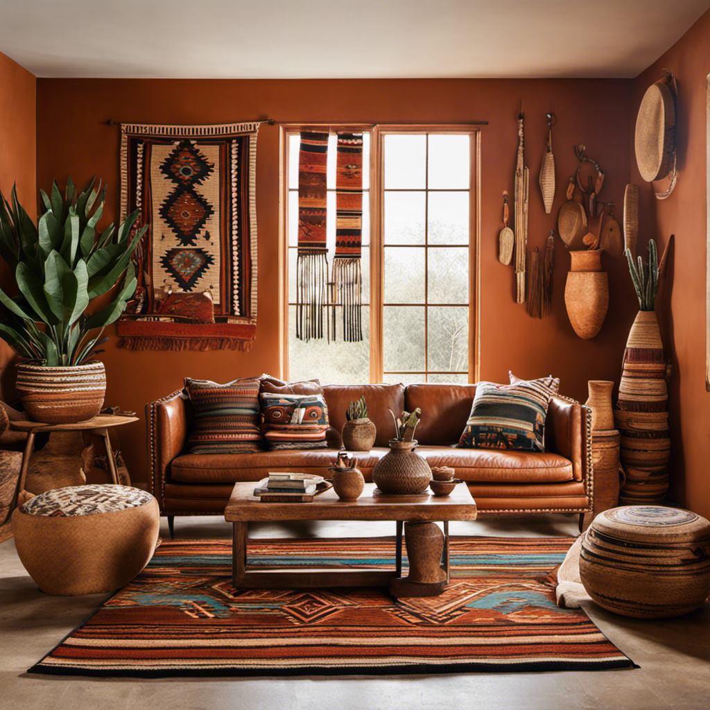 An image showcasing a vibrant, earthy palette of terracotta pottery, intricately woven Navajo rugs, rustic wooden furniture, handcrafted leather accessories, and tribal-inspired wall hangings for an awe-inspiring blog post on Southwest decor