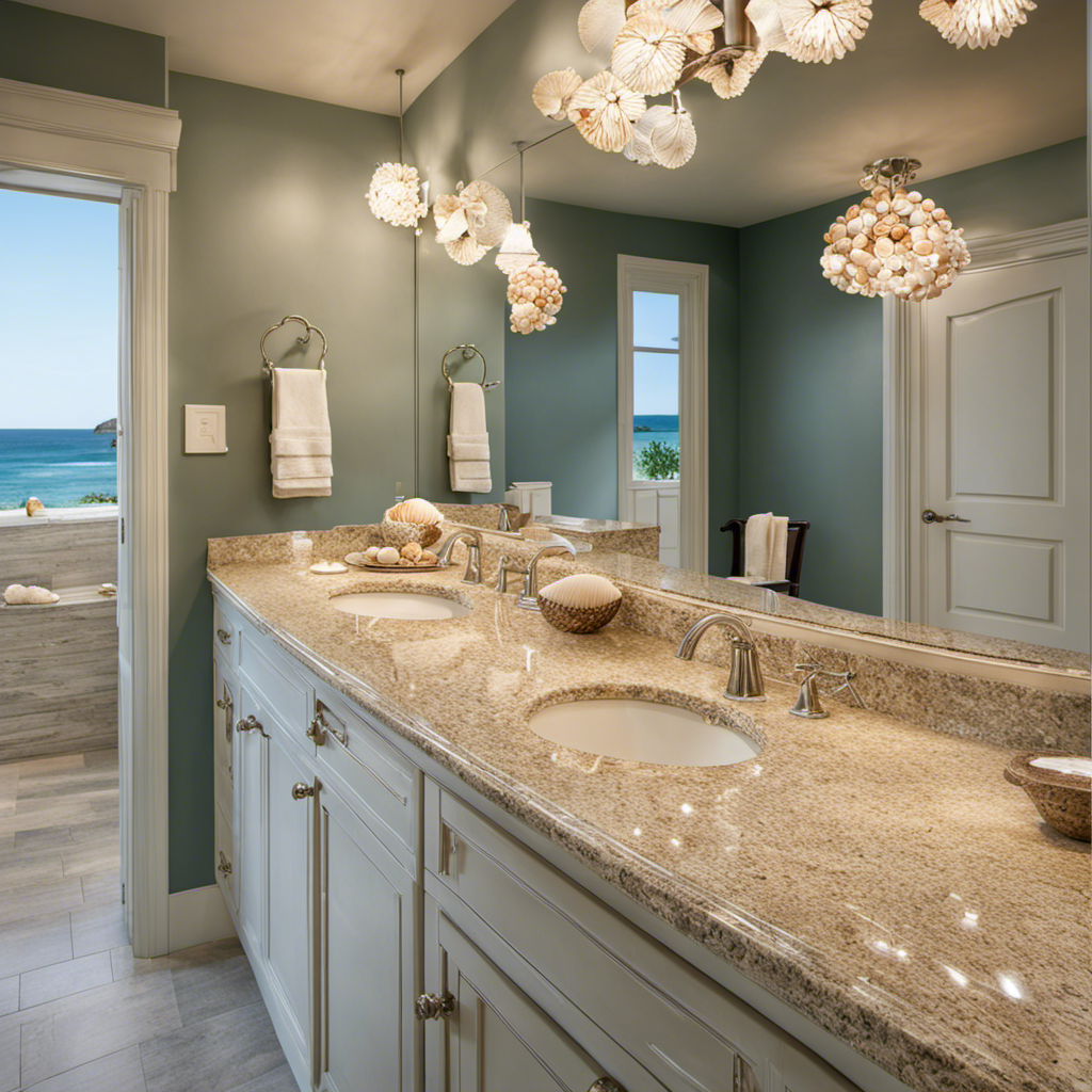 a captivating image showcasing a serene bathroom adorned with delicate seashells