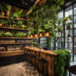 An image showcasing lush green foliage cascading down from hanging planters, vibrant succulents adorning rustic wooden shelves, and elegant orchids blooming in sleek ceramic pots, all enhancing the sophisticated ambiance of a trendy restaurant