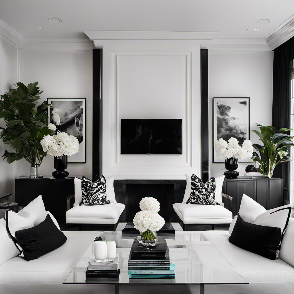 An image showcasing a sleek, monochromatic living room with tasteful black and white decor