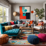 An image showcasing an eclectic arrangement of vibrant objects, including a harmonious blend of patterned rugs, textured throw pillows, and whimsical wall art, all expertly curated to enhance the aesthetics of a modern living space