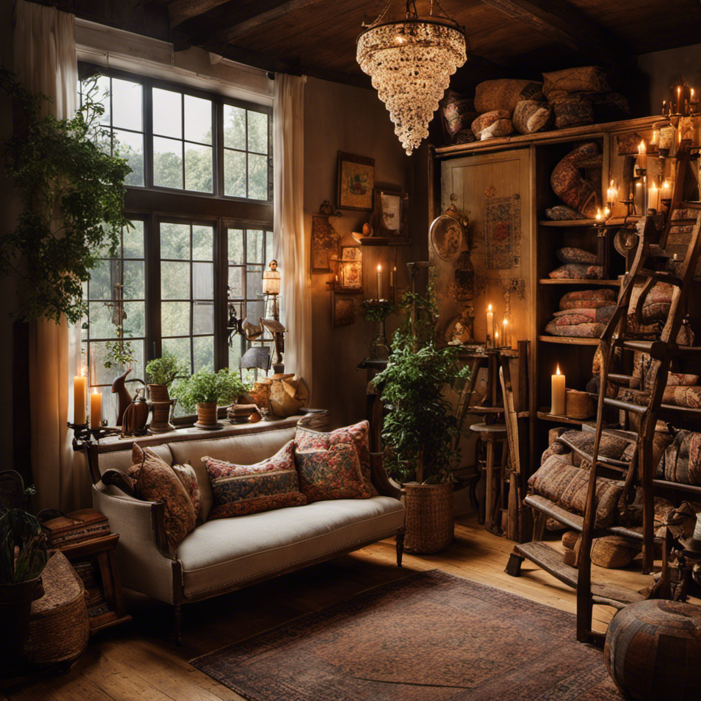 An image showcasing the eclectic charm of a vintage home decor shop; a cozy corner adorned with antique brass candleholders, delicate embroidered cushions, a weathered wooden ladder displaying vintage quilts, and a rustic iron chandelier casting a warm glow