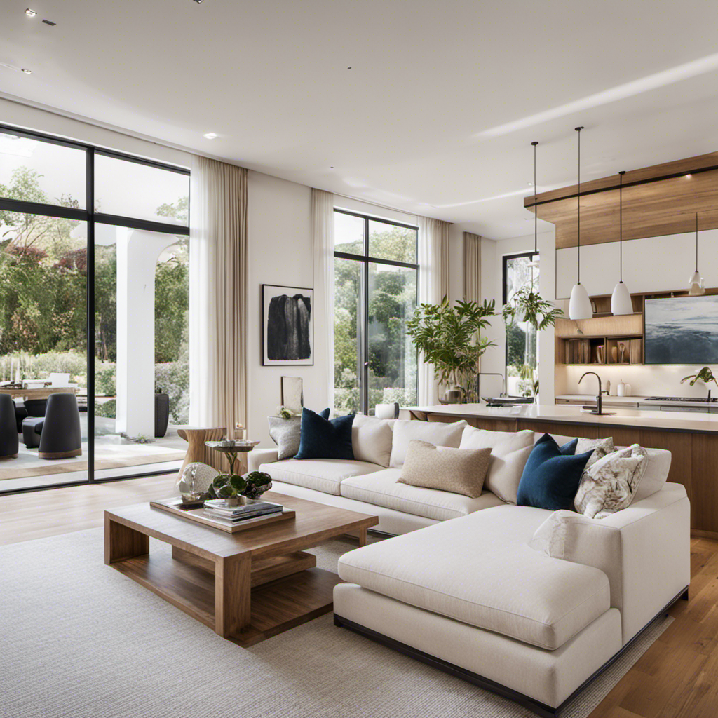 An image showcasing a bright and airy living room, decorated with a minimalist approach