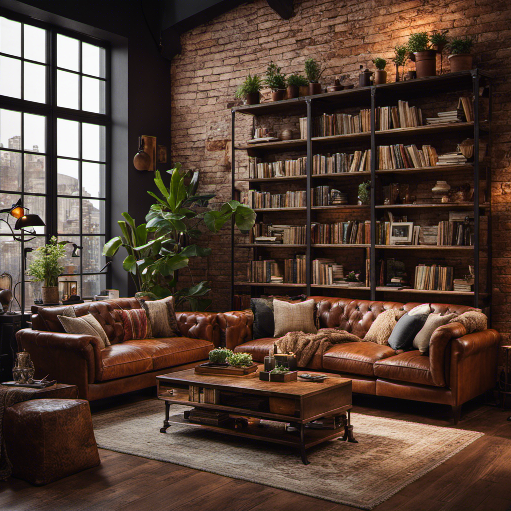 An image showcasing a cozy living room with earthy tones, exposed brick walls, vintage leather furniture, and a rustic wooden coffee table adorned with succulents, surrounded by warm lighting and a bookshelf filled with well-loved novels