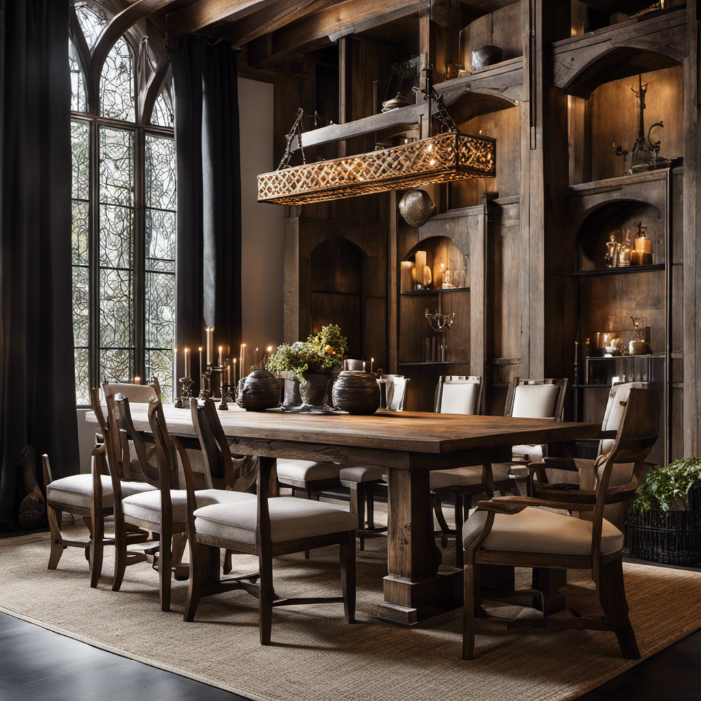 A visually stunning image showcasing contrasting elements of medieval and contemporary decor, with rustic wooden furniture against a backdrop of sleek modern accents
