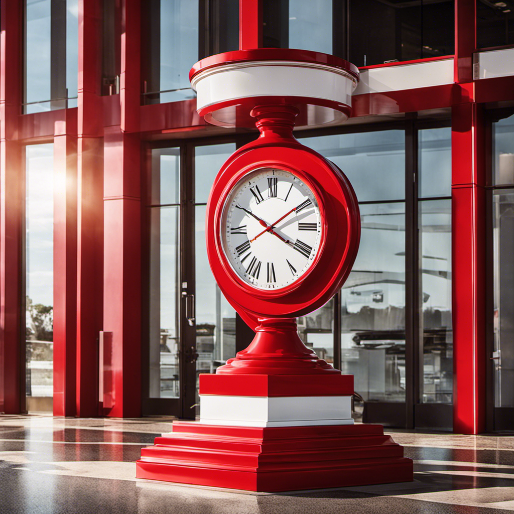 An image of a vibrant red and white clock, elegantly ticking away next to a closed sign on the glass entrance of Floor and Decor