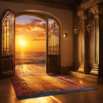 An image that depicts a vivid sunrise breaking through the horizon, casting warm golden rays onto the entrance of Floor and Decor