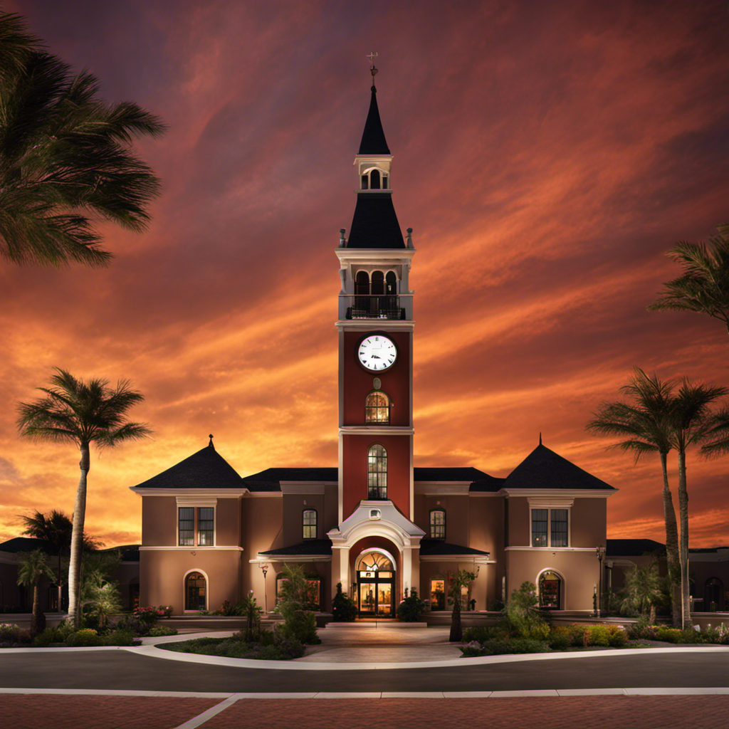An image depicting a sunset-colored sky with a prominent clock tower casting a long shadow on the entrance of a Floor & Decor store, subtly conveying the closing time